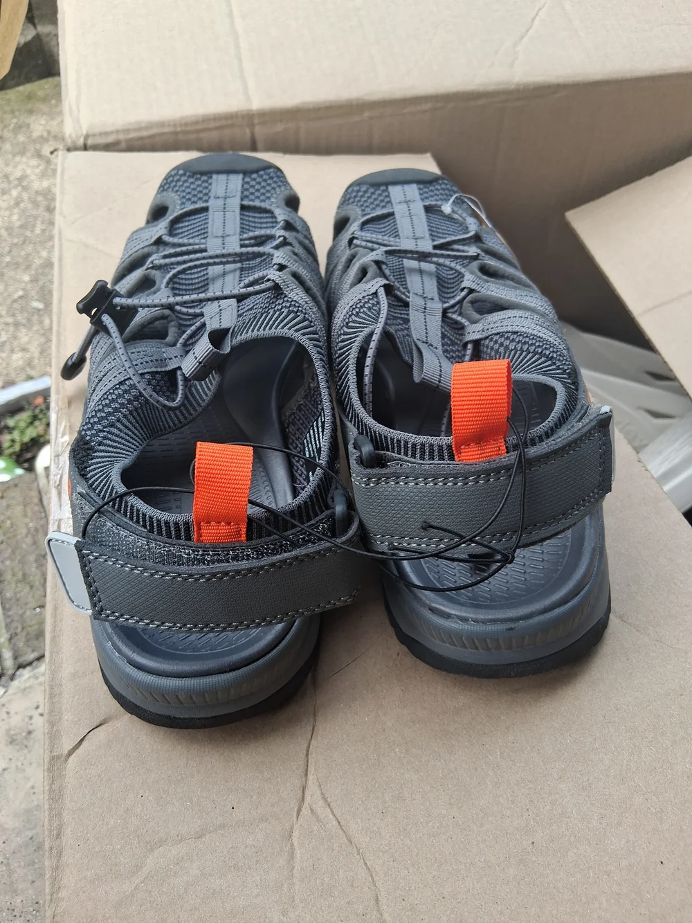 Eddie Bauer Men's Dark Gray Sandals with Orange Logo